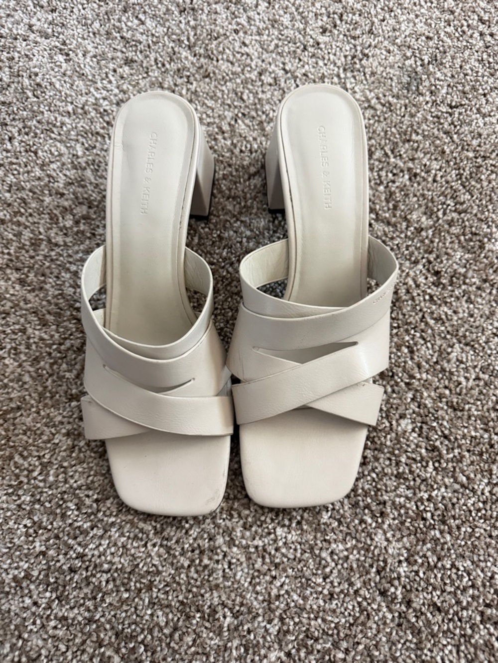 Charles & Keith Cream Cross-Strap Block Heel Mules